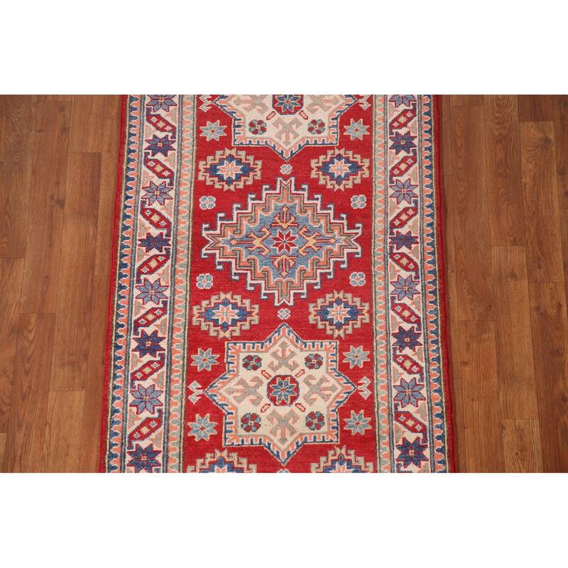 Red Kazak Runner Rug Hand-Knotted Wool Carpet - 2'8" x 8'0"