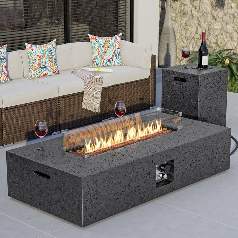 COSIEST 56'' Outdoor Propane Rectangle Fire Pit with Tank,Wind Glass - Stone Grey