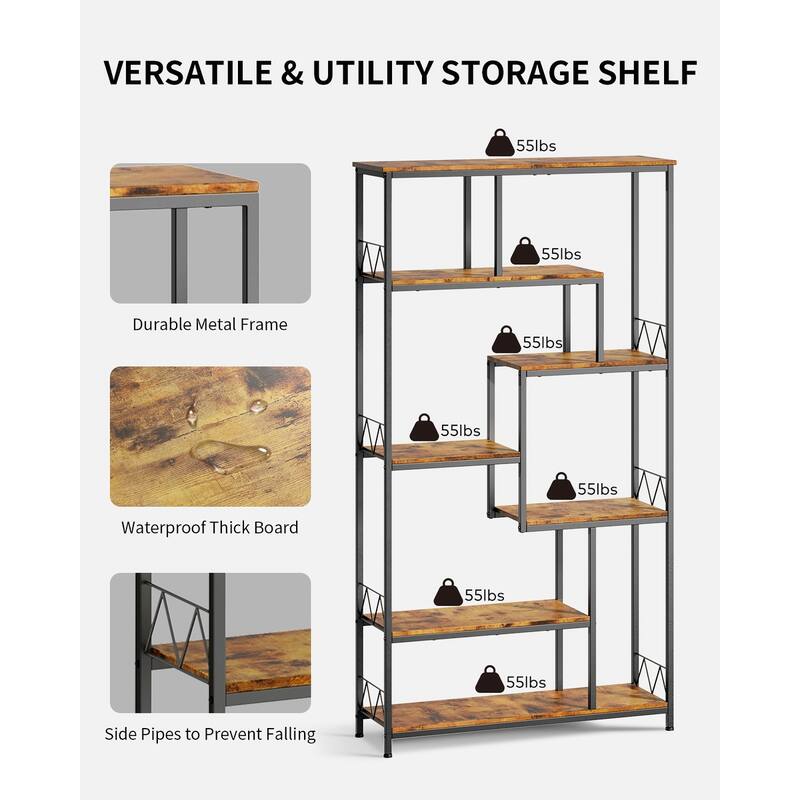 7-Shelves Staggered Bookcase Industrial Etagere Bookcase, Open Book Shelves