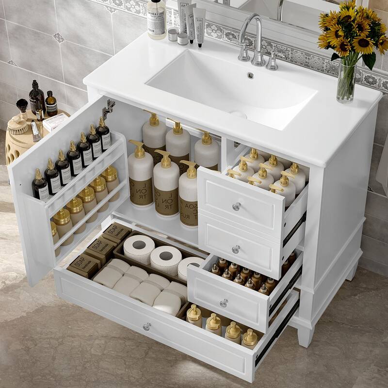 36" Bathroom Vanity with Ceramic Sink, MDF & Solid Wood Base, 3 Drawers and Cabinet with Shelves - White