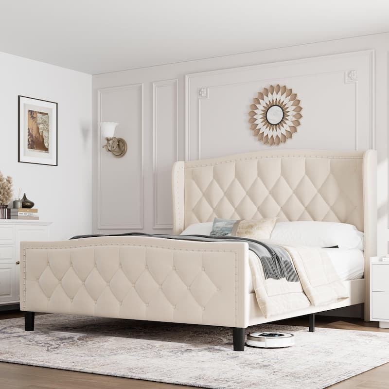 Bed Frame Velvet Upholstered Platform Bed with Wing Side Headboard