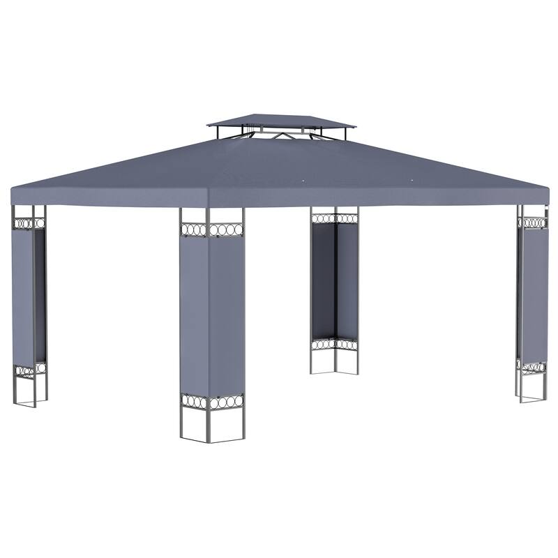 10'x13' Double Roof Patio Gazebo with Steel Frame & Screen, Gray Outdoor Canopy Shelter for Garden/Backyard - Grey