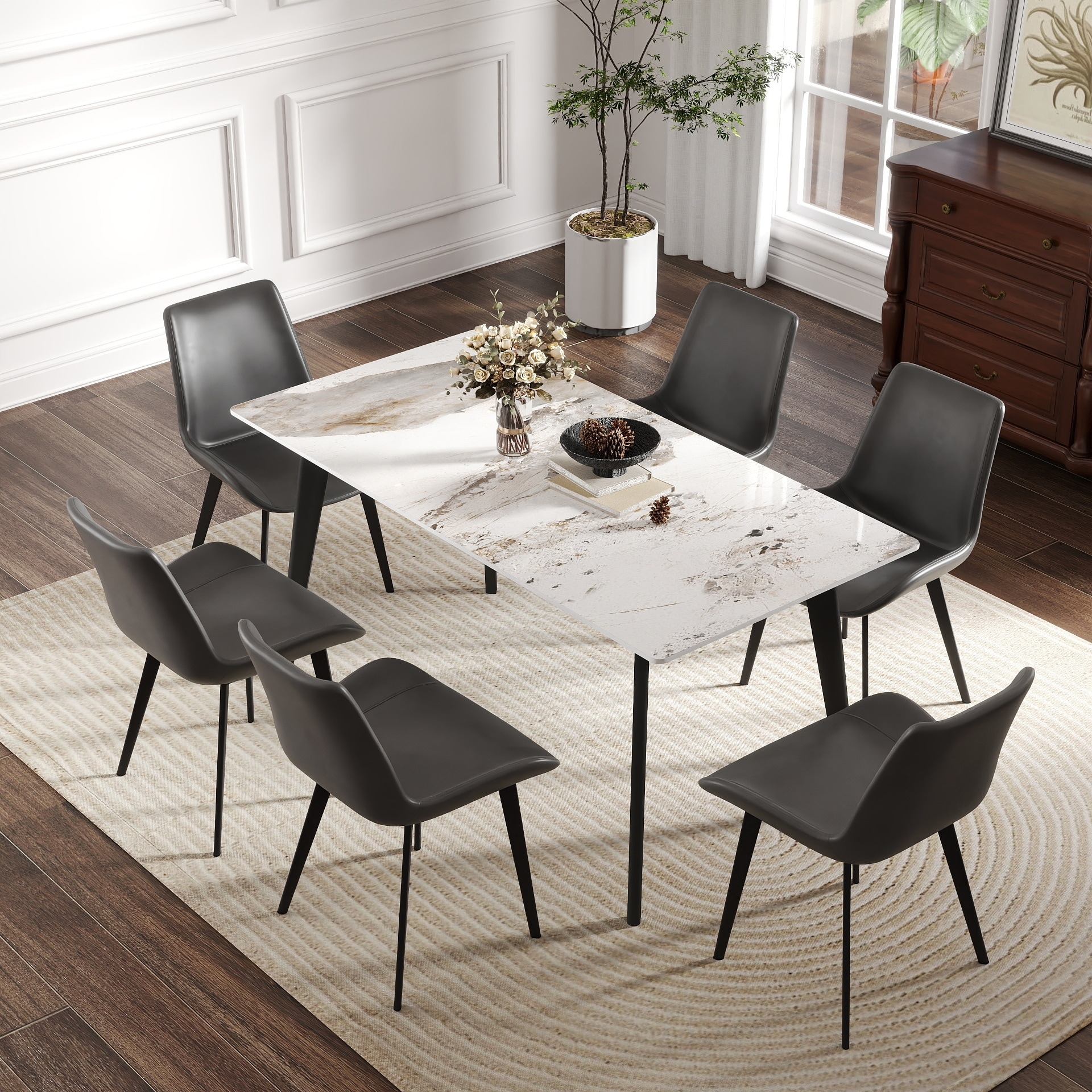 62.99" Modern Artificial Stone Straight Edge Metal Leg Dining Table - Seats 6 (Table Only)