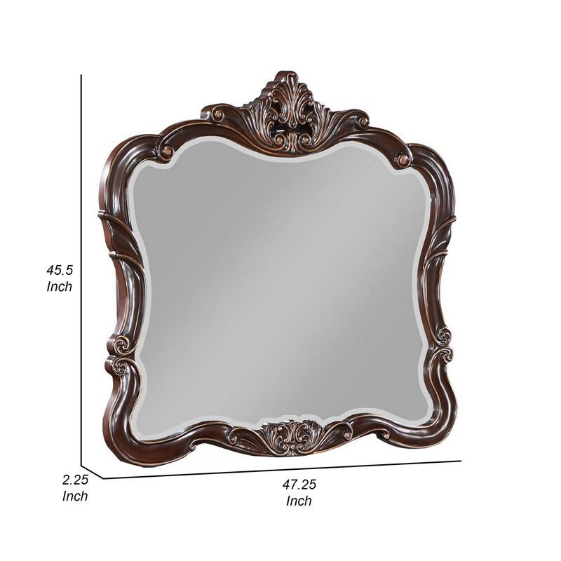 Leon 46 x 47 Dresser Mirror, Beveled, Carved Details, Dark Walnut Finish