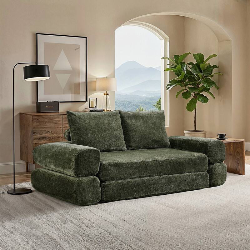 Modern Chenille Convertible Sofa Bed Queen Size Split Back Design - Green