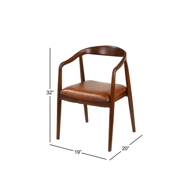 Brown Teak Wood Handmade Rounded Dining Chair with Leather Cushion - 20 x 21 x 32