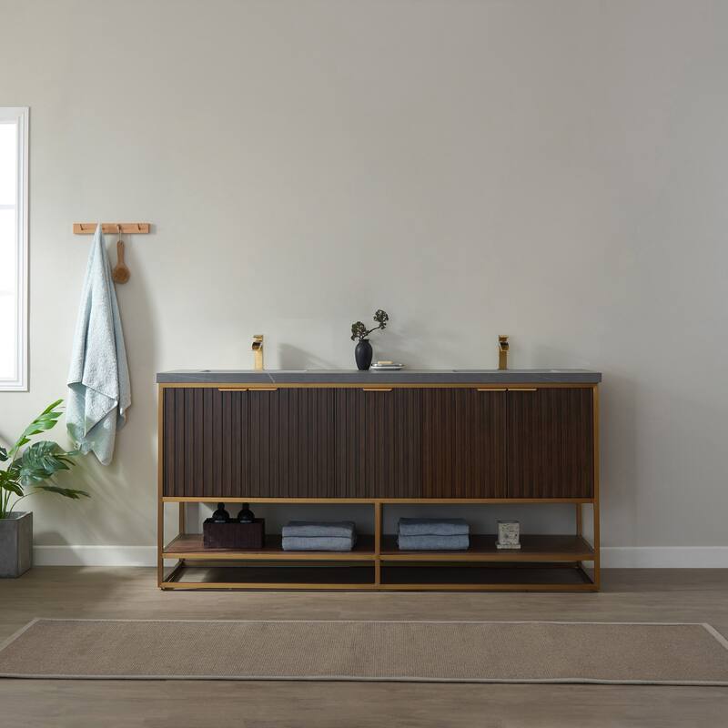 Donostia 72" Vanity in Walnut with stone countertop Without Mirror