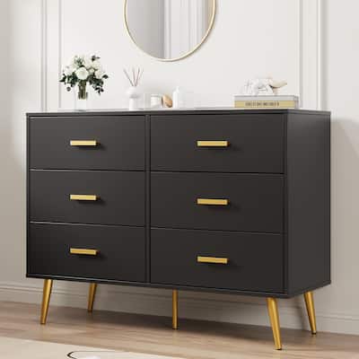 6 Drawer Dresser with Storage Space, Modern Wooden Dresser with Gold Handles