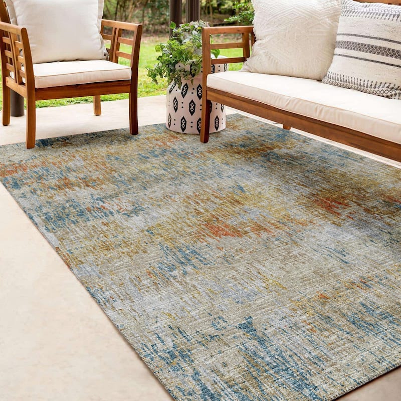 Indoor/ Outdoor Accord Modern Brushstrokes Polyester Washable Rug New - 9' x 12' - Gold