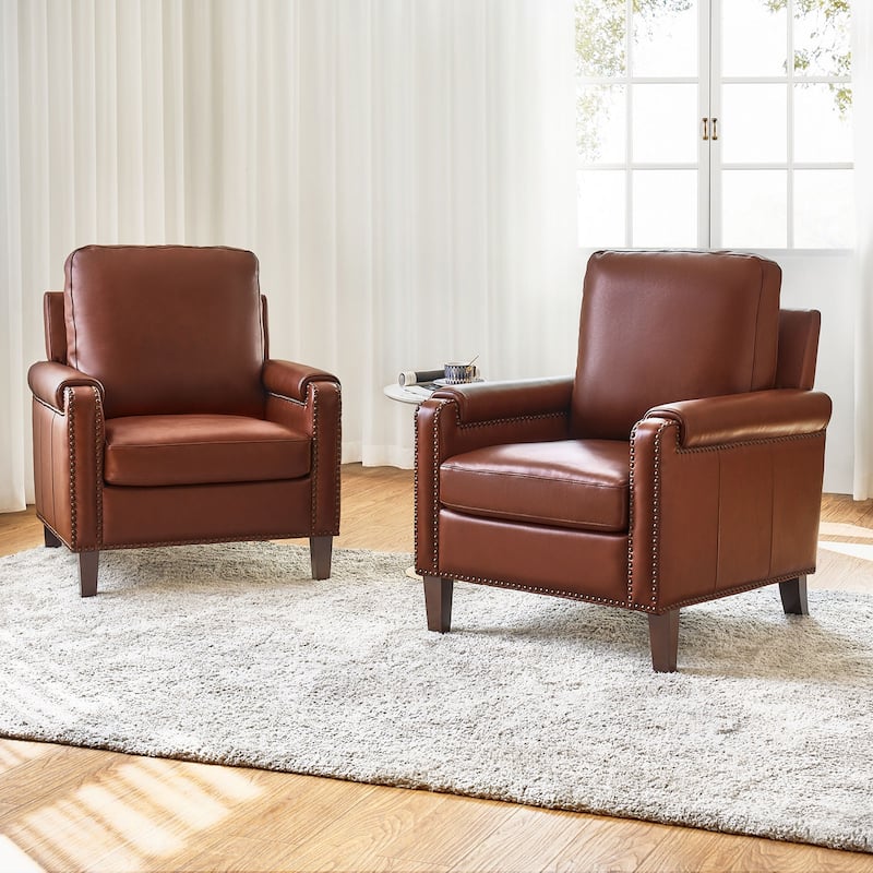 Kunz Transitional Genuine Leather Accent Chair with Removable Cushion and Nailhead Trims Set of 2 by HULALA HOME