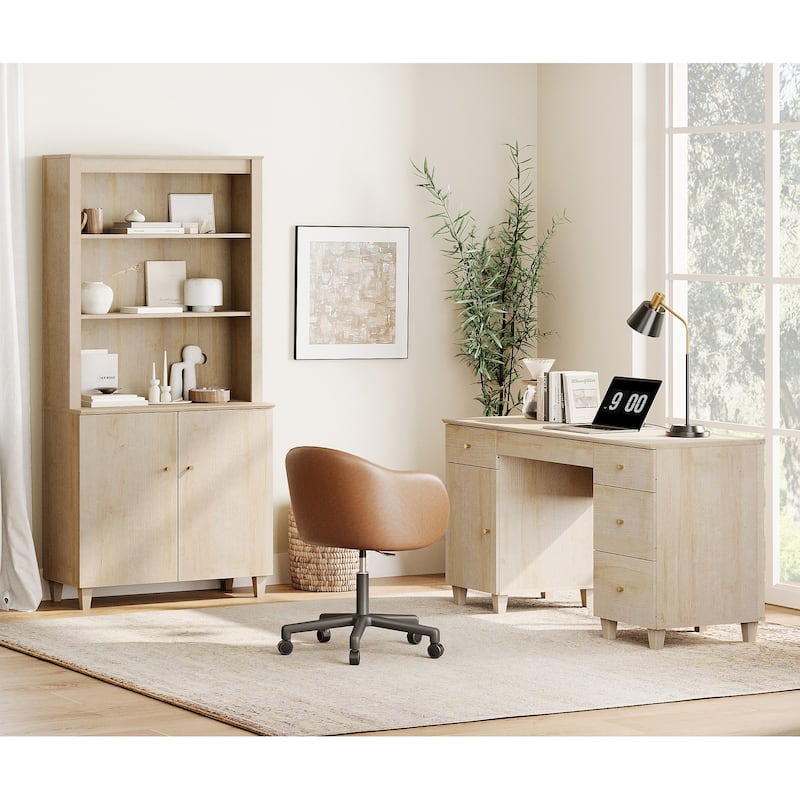 WAMPAT Home Office Furniture Set, 58" Executive Desk with Cabinet, 71" Tall Bookcase with Doors and Adjustable Shelves - Natural Oak