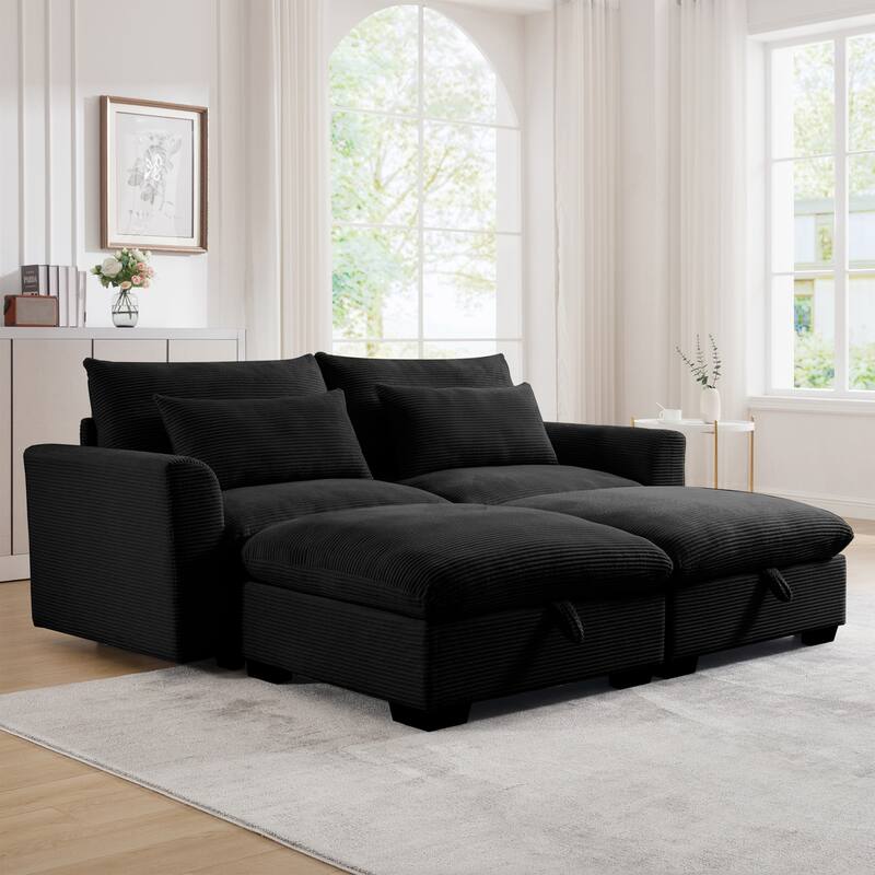 Corduroy Loveseat Sofa Couch with Storage Ottomans, Modern Sectional 2 Seater Sofa with Deep Seat, Pillows for Small Spaces