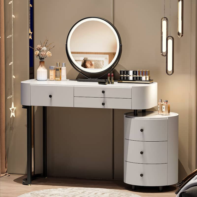 Modern Minimalist Dressing Table with Detachable Mirror and Rotatable Side Cabinet Makeup table, Easy Assembly Vanity - White