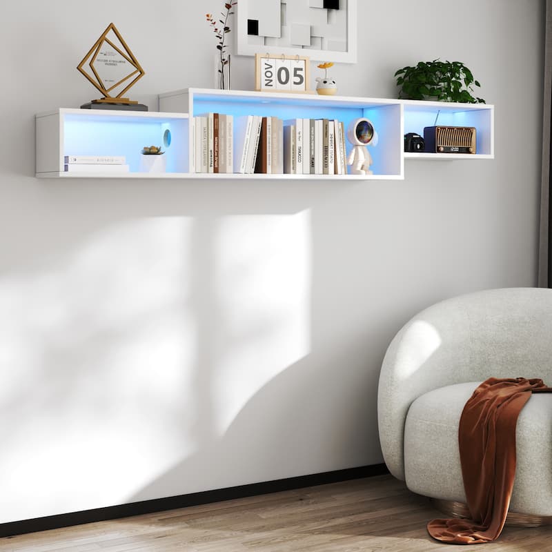 65.35-Inch Wall-Mounted Floating TV Stand – 20-Color RGB LED Backlighting & Built-in Wireless Charging Station