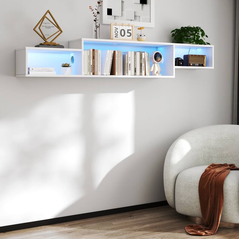 Modern Floating TV Stand with 3 Tier Shelves and 20 Color LEDs for Wall Mounted Home Theater and Office