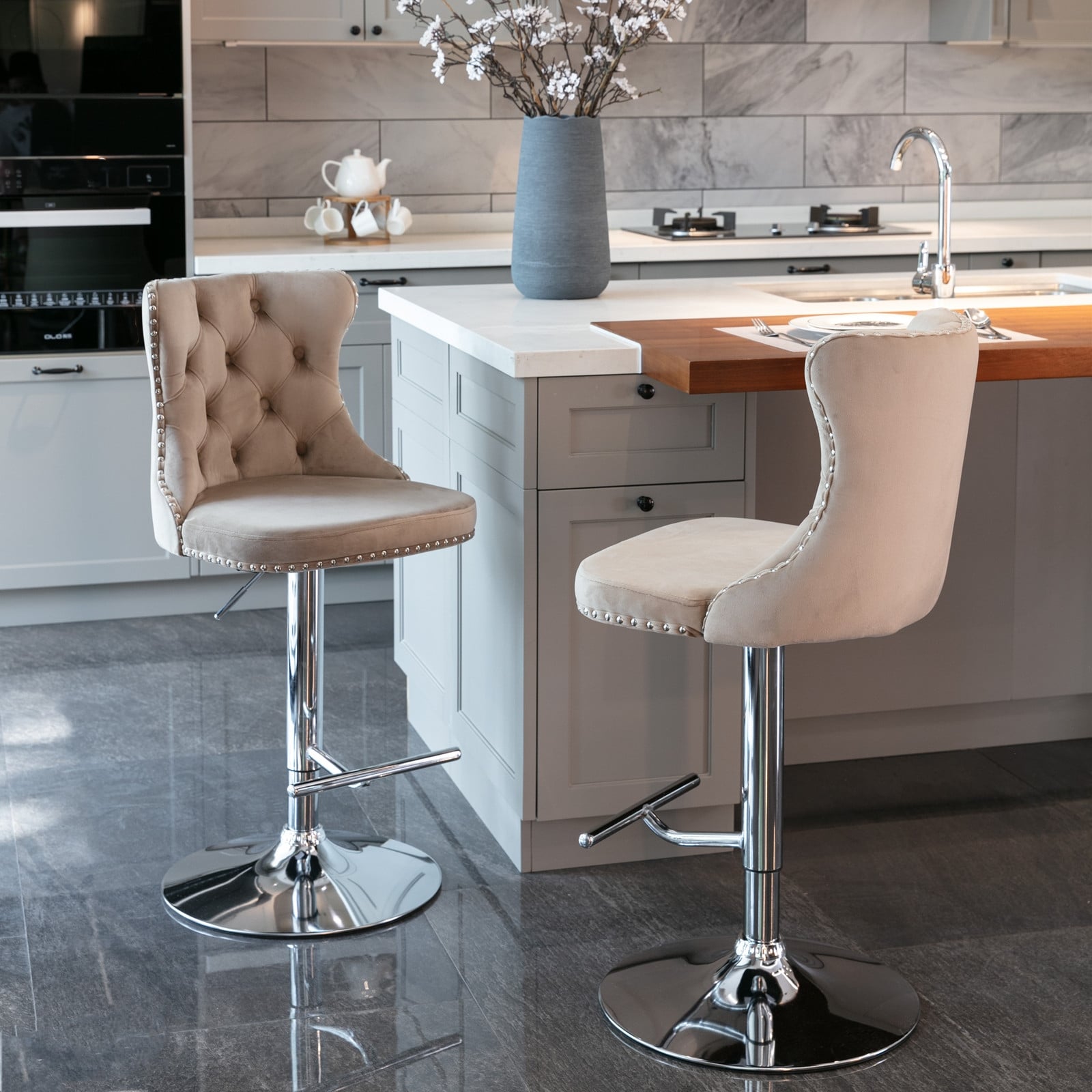 Swivel Bar Stool Set of 2 with Tufted Backrest Height Adjustable