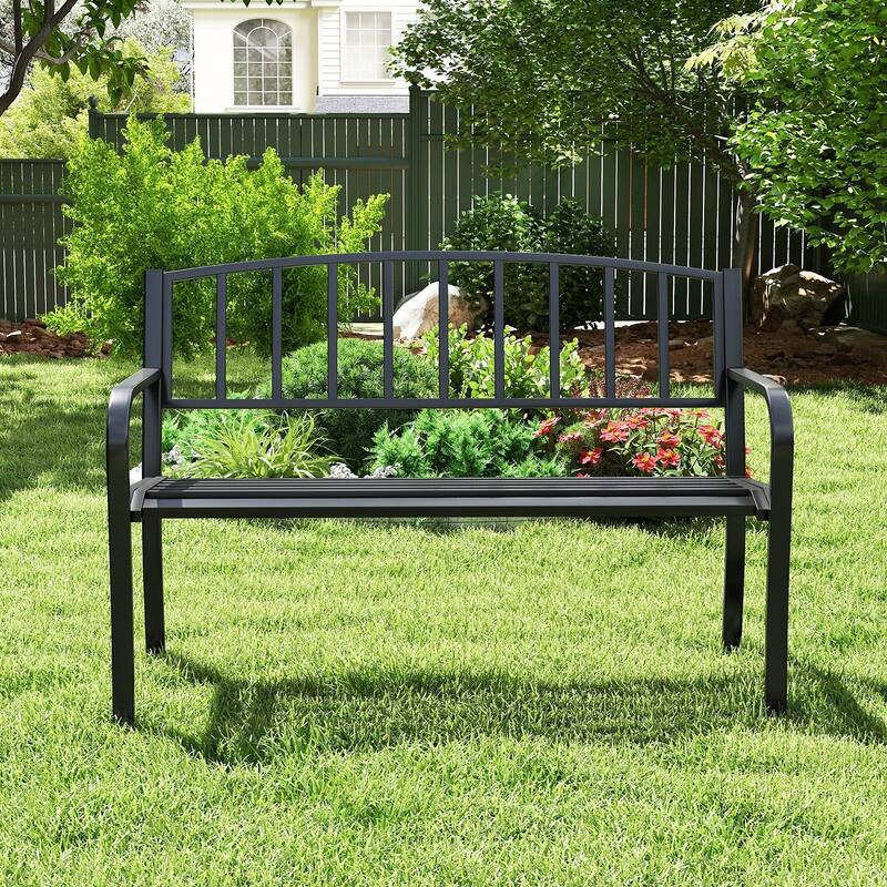 Black Metal Outdoor Garden Bench with Slatted Backrest and Curved Armrests - 50" L × 23" W × 33.5" H