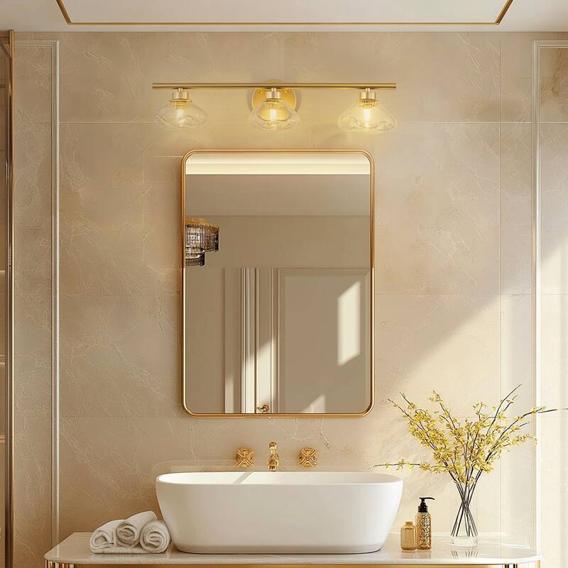 3-Light 24.4" Modern Black/Gold Bathroom Vanity Light with Stone-Shaped Seed Glass Shades