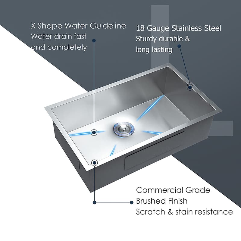 32" W x 19" D Stainless Steel Single Bowl Kitchen Sink - 32" x 19"