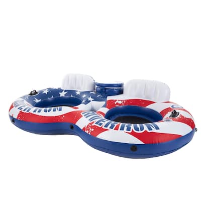 Intex Inflatable American Flag Double Tube Pool Float with Cooler & Cup Holders - 7