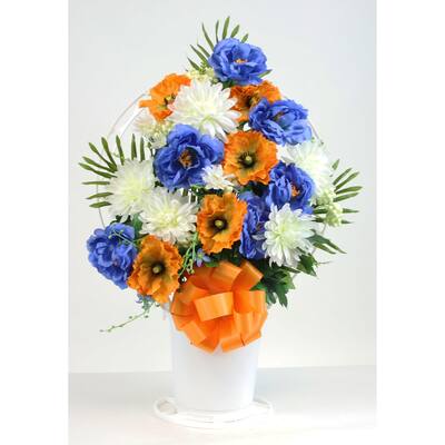 Memorial Rose Poppy & Mum Mix Arrangement in Large, White Cemetery Hoop Basket with Handle - N/A