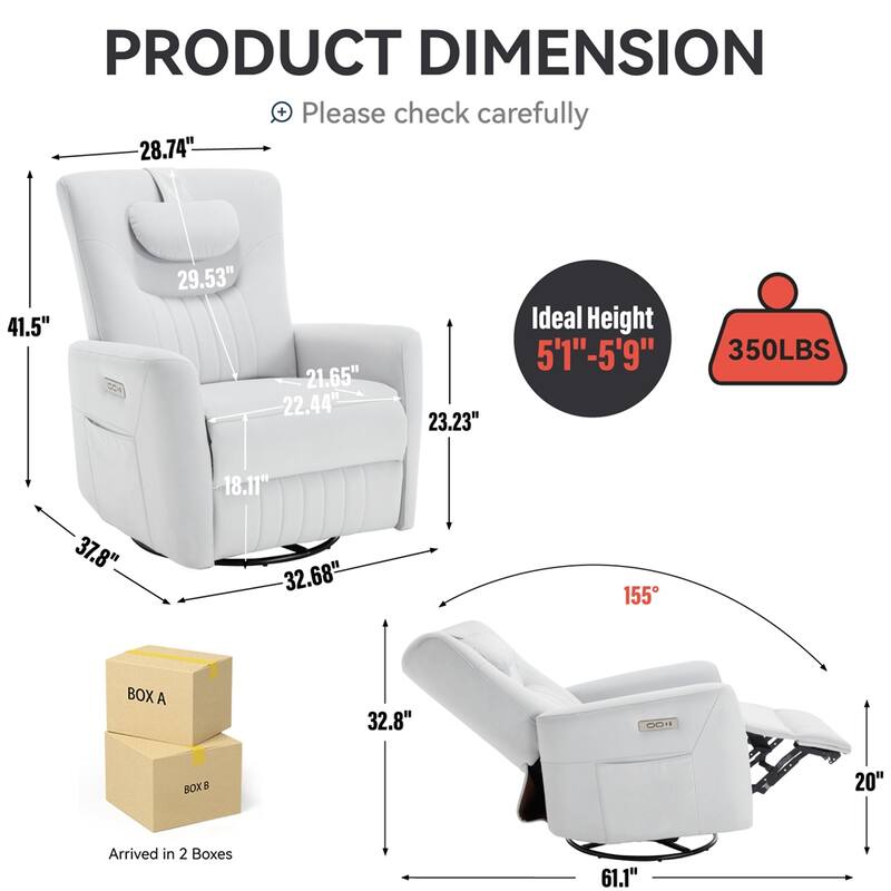 Swivel and Rocker Power Recliner Chair w/Lumbar & Neck Support Pillow