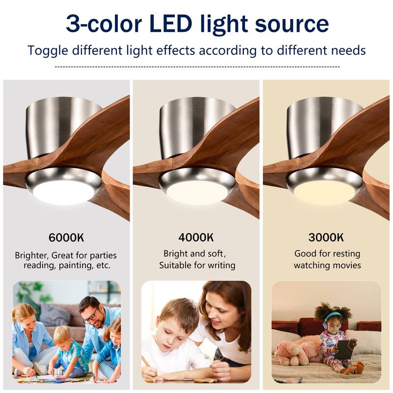 52" Flush Mount Fan Light, 3 PCS Solid Wood Blades Ceiling Fan with Lights Remote Control, Quiet DC Motor, 6 Speed