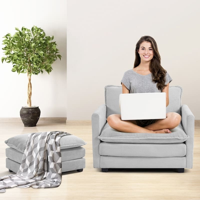 Oversized Corduroy Armchair with Plush Cushions and Movable Ottoman