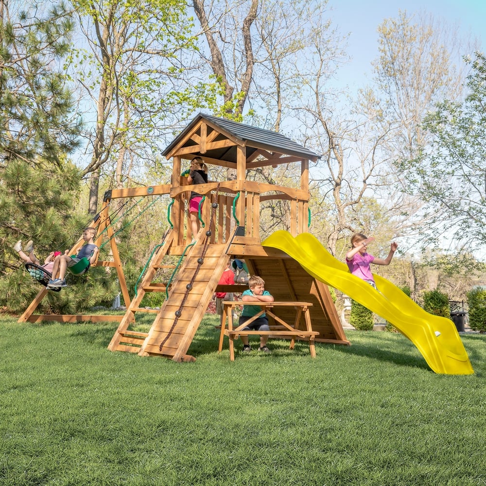 Backyard Discovery Endeavor II Cedar Wood Swing Set, Slide, Play Deck