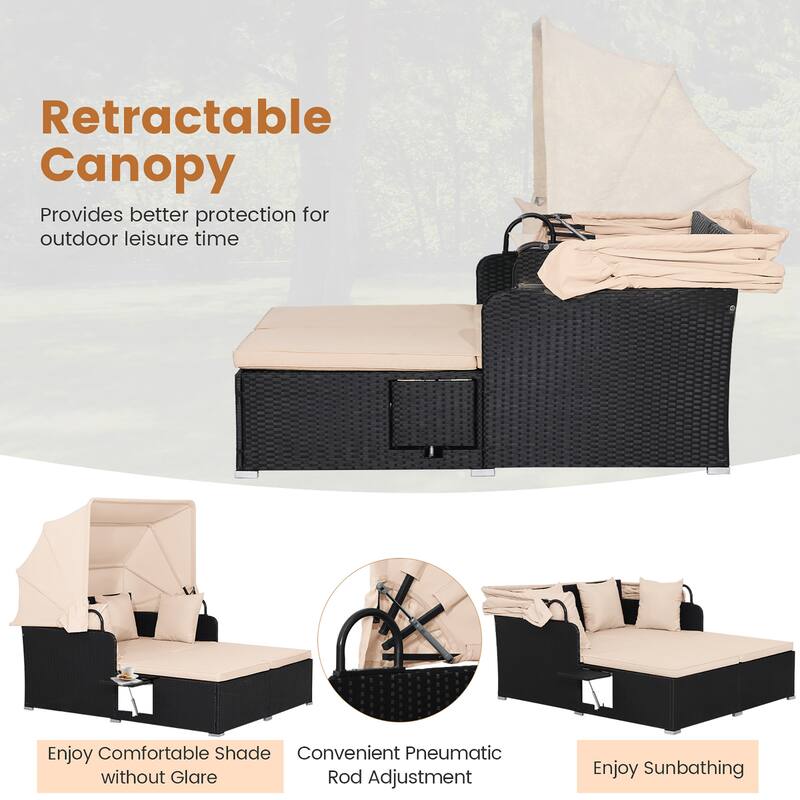 Gymax Patio Rattan Daybed Lounge Retractable Top Canopy Side Tables