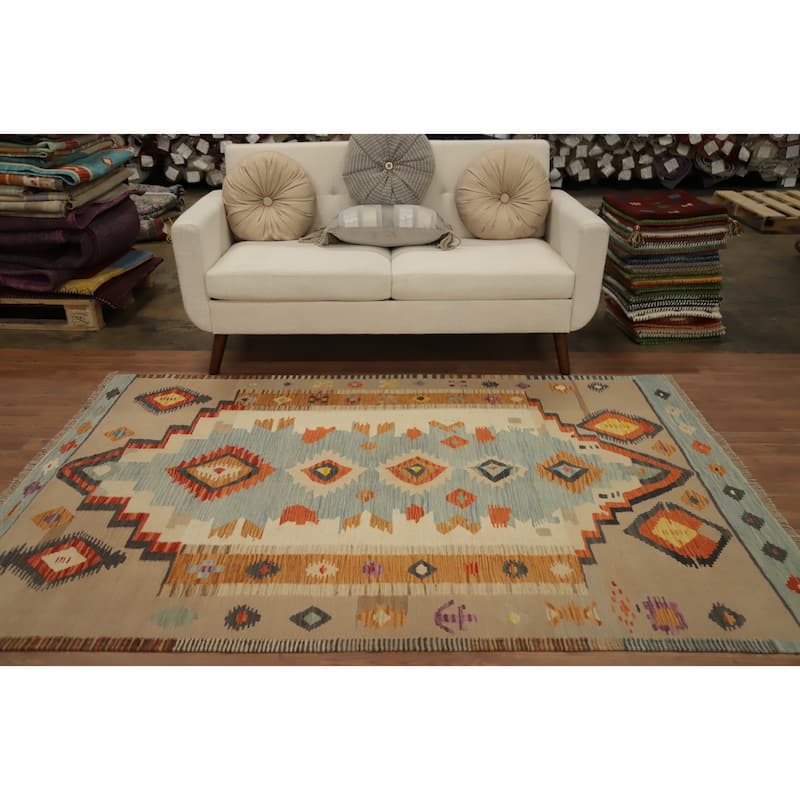 Hand Woven Oriental 100% Wool Carpet Southwestern Tribal Navy Blue & Blues Kilim Area Rug - 7' 4'' X 5' 0''
