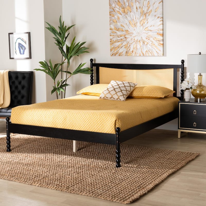 Okena Mid-Century Modern Black Wood Queen Size Platform Bed with Woven Rattan