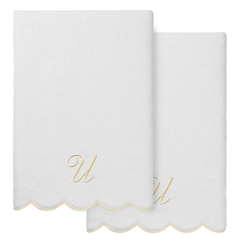 Authentic Hotel and Spa 100% Turkish Cotton Beige ADORNIA Scallop Personalized 2 Piece Bath Towel Set - 2 Bath Towels - U