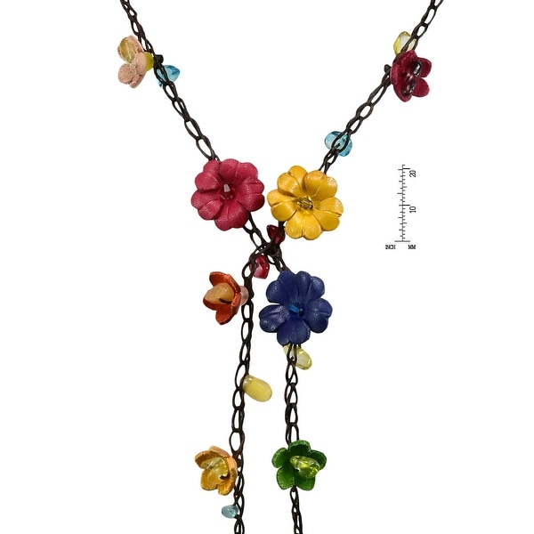 Handmade Chic Daisy Floral Mix Stone Genuine Leather Lariat Wrap Necklace (Thailand)