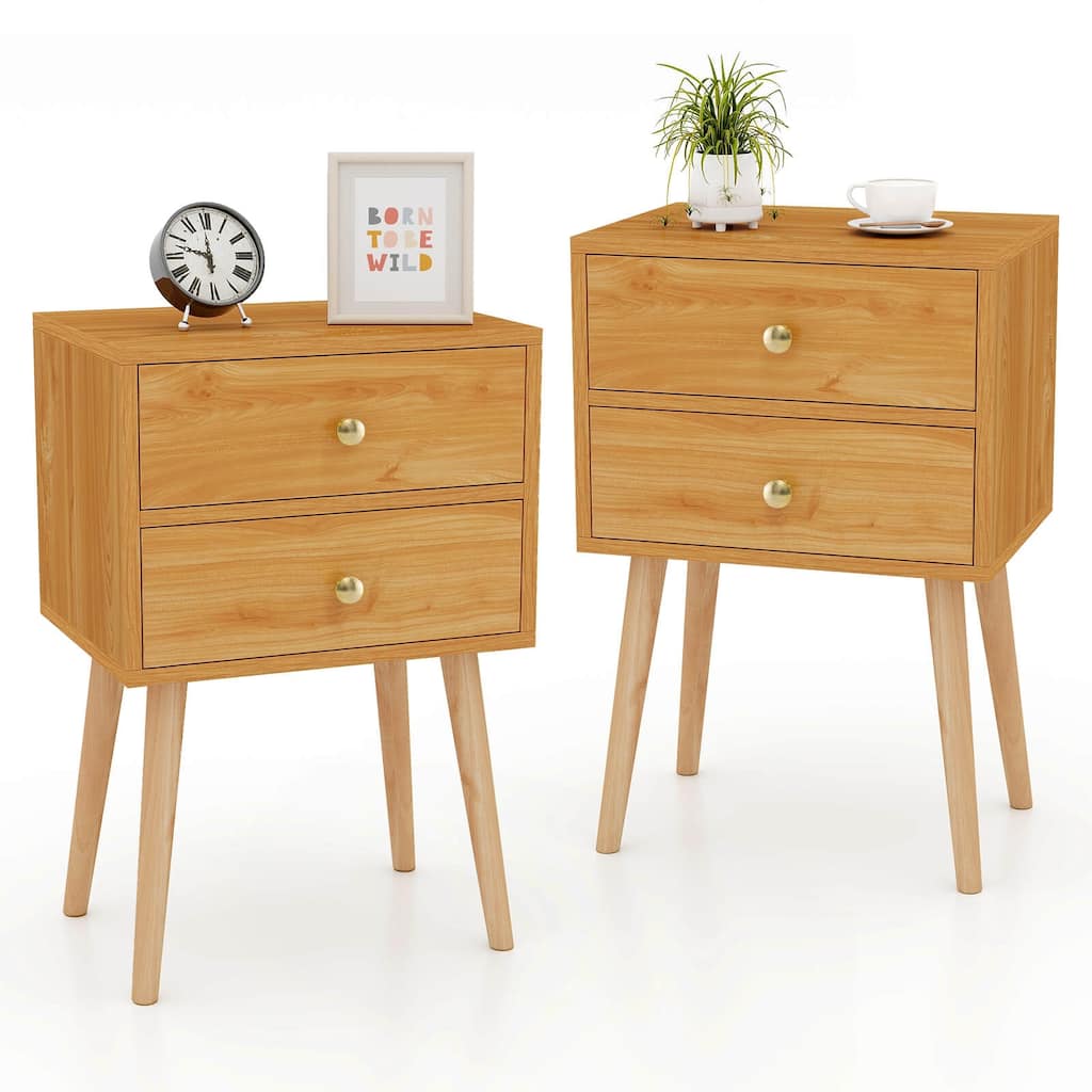 Costway 2PCS Mid-century Modern Nightstand with 2 Drawers Solid Wood