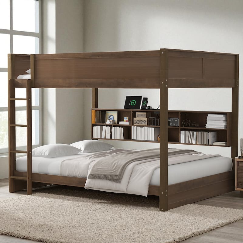 Queen over Queen Bunk Bed with Storage Cabinets, Guardrails and Built-in USB Charging Ports, Solid Wood Frame