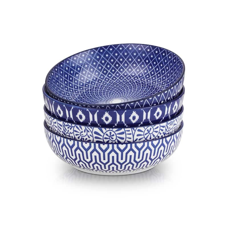 Ceramic 50 Ounce Pasta Bowls Set of 4, 8.6 Inch Large Salad Bowls,Wide and Shallow Porcelain Soup Bowls, Stackable Serving Bowls - Blue