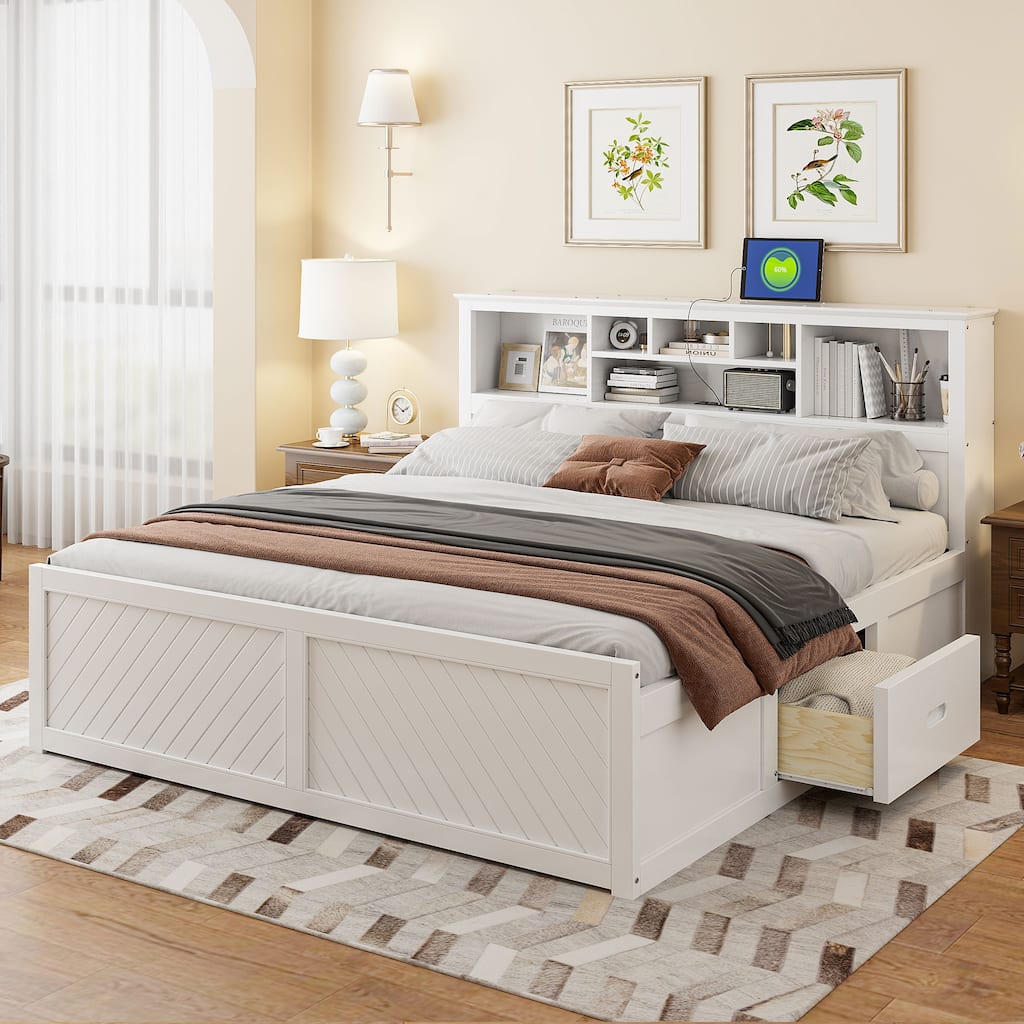 King Size Wood Platform Bed with Multi-storage Headboard, USB and Drawers