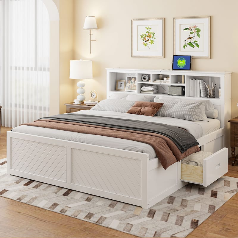 King Size Wood Platform Bed with Multi-storage Headboard & USB and Drawers