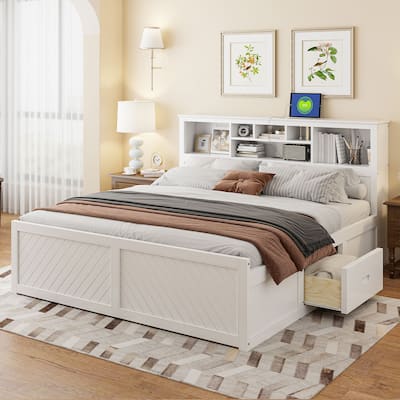 King Wood Platform Bed with Headboard Storage, USB Charging Station, and 2 Drawers - No Box Spring Required