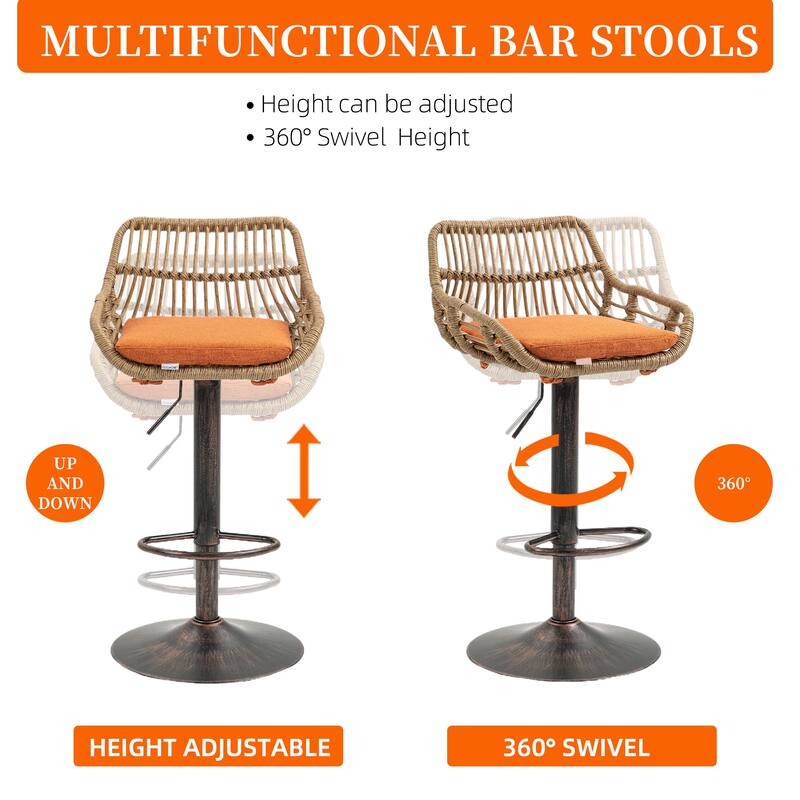 Plastic Rattan Linen Swivel Adjustable Height Bar Stools With Footrest(set of 2)