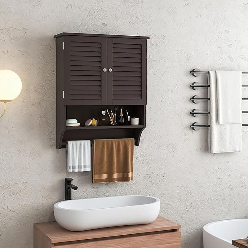 Bathroom Wall Mounted Medicine Cabinet w/ Towel Bar & Louvered Doors