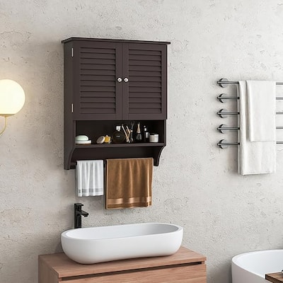 Bathroom Wall Mounted Medicine Cabinet w/ Towel Bar & Louvered Doors