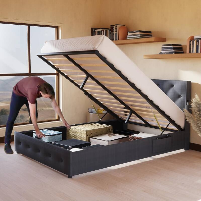 Dark Gray Queen Size Modern Metal Platform Bed with Storage,Wingback Headboard and USB Ports