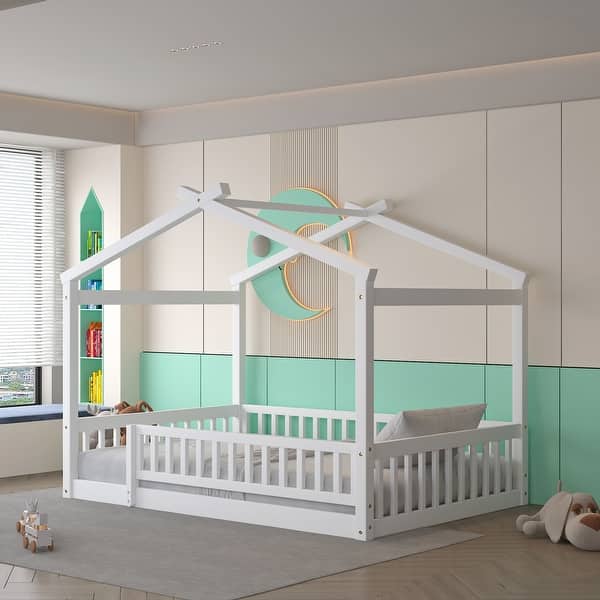 slide 2 of 9, White Full Size Wood House Bed Frame with Roof and Fence, for Kids, Teens, Girls, Boys Full - White