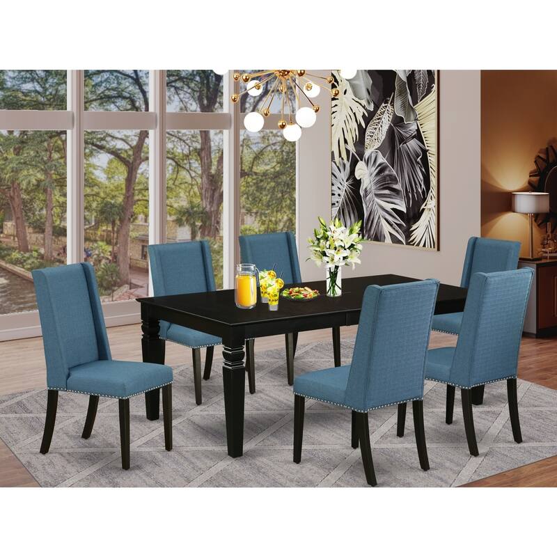 Modern 7-Piece Dining Set - Solid Wood Table & 6 Chairs - Kitchen Dining Room Set - Black & Blue Finish - 84