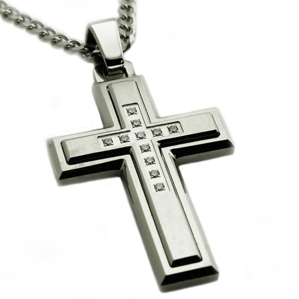 Stainless Steel Layered Cubic Zirconia Cross Pendant - 24 inches