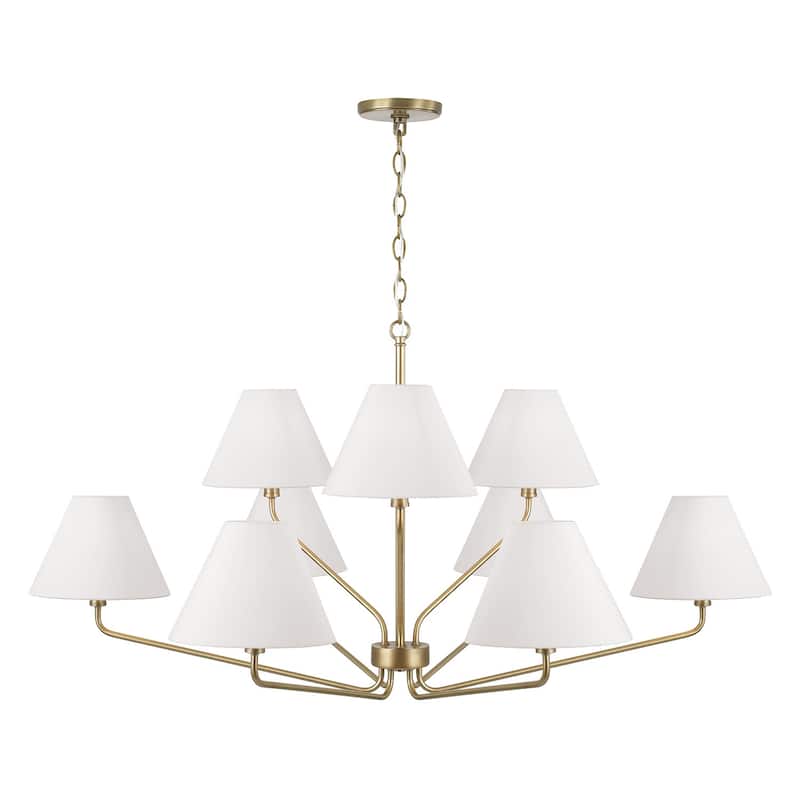 45" W x 22.5" H 9-Light Angular Two-Tier Chandelier with Tapered White Fabric Shades - 45"W x 22.25"H