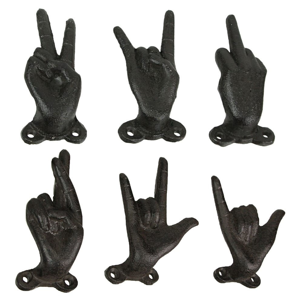 Set Of 6 Cast Iron Hand Gesture Hooks Vintage Finish Hangers - 4.25 X 3.25 X 2 inches