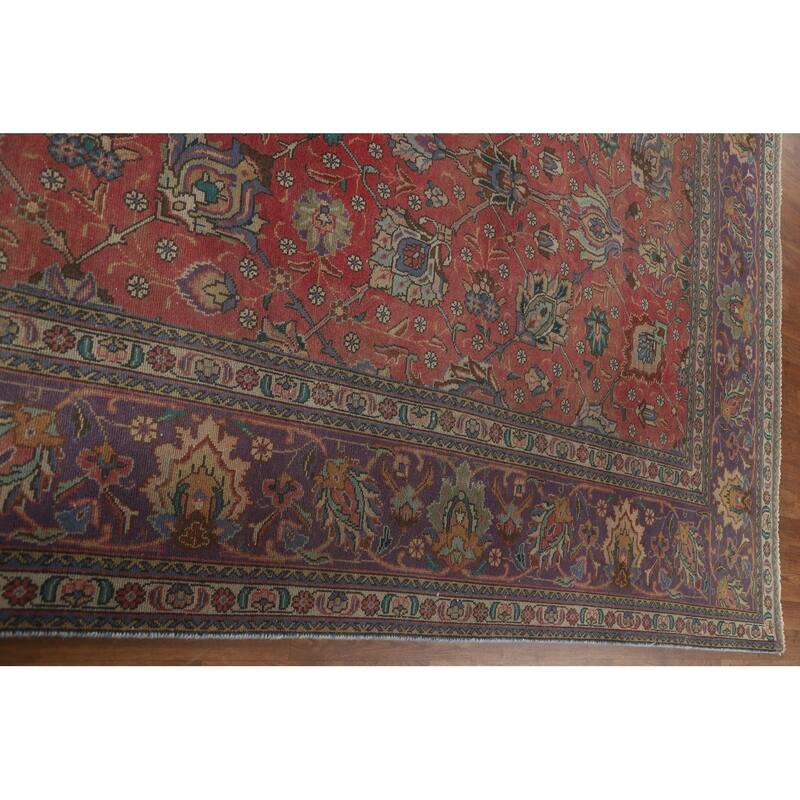 Hand Knotted Oriental 100% Wool Carpet Traditional All-Over Pink Tabriz Area Rug - 12' 8'' X 9' 8''